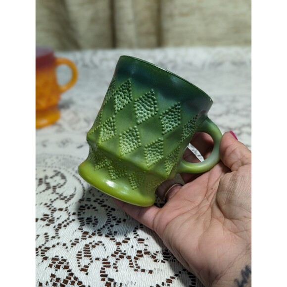 Vintage Kimberly Diamond Anchor Hocking Fire King Glass Set of 2 Mugs  Green Red - Picture 6 of 12